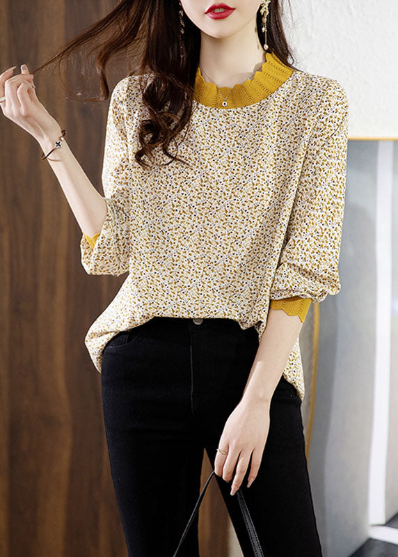 Yellow Stand Collar Print Chiffon Shirt Top Spring