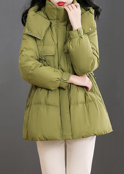 Green Hooded Pockets Patchwork Duck Down Down Coat Winter