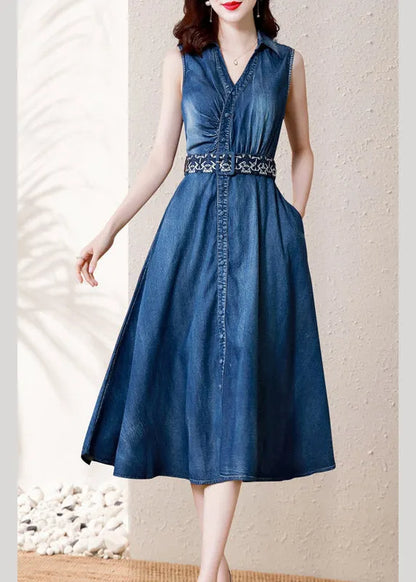 Denim Blue V Neck Button Sashes Cotton Party Long Dress Summer