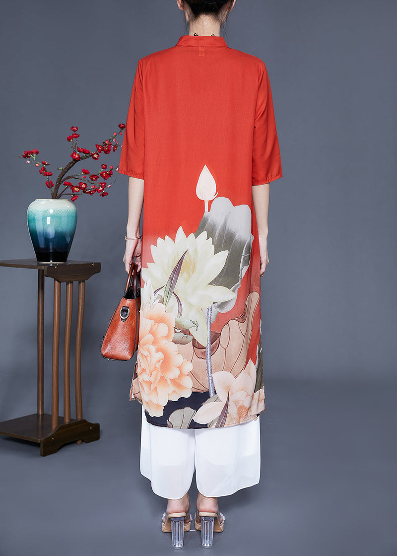 Orange Stand Collar Print Side Open Silk Sets 2 Pieces Half Sleeve
