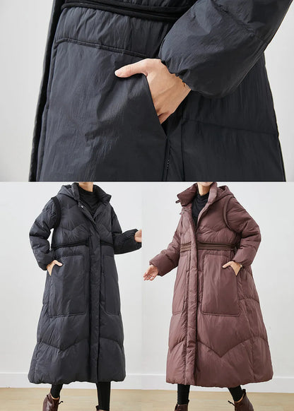 Black Cinched Big Pockets Cotton Blend Down Coat Winter