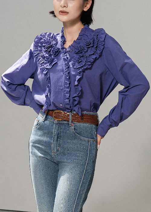 Purple Ruffled Cotton Fall Blouse Tops V Neck