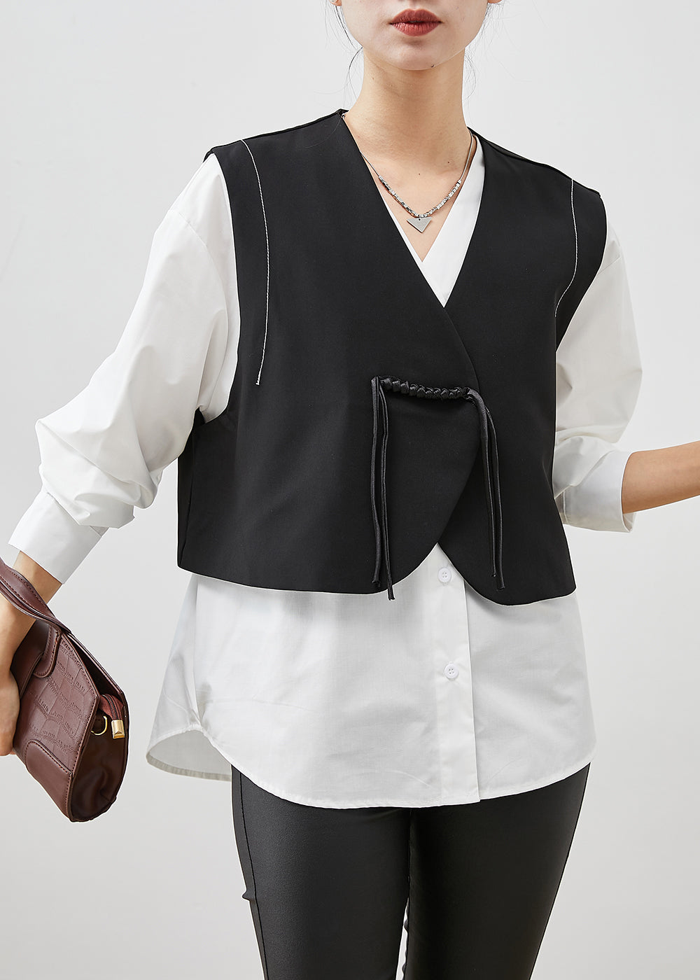 Italian Black Tasseled Spandex Vest and Shirt Two Pieces Set Spring