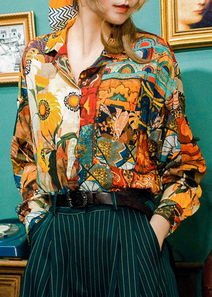 Khaki Peter Pan Collar Painting Print Cotton Shirt Tops Spring
