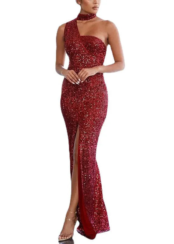 Black Cold Shoulder Sequins Side Open Long Dresses Summer