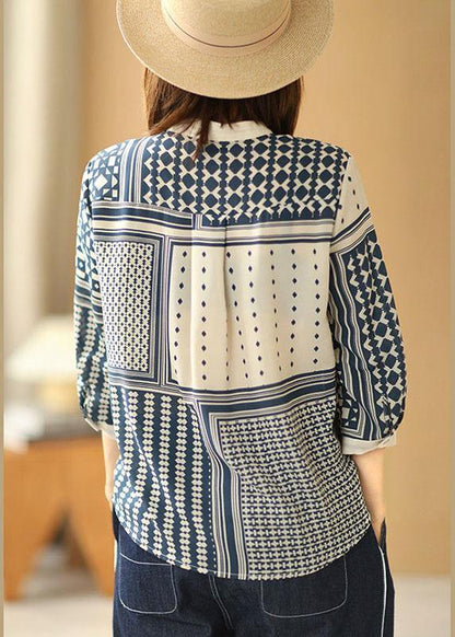 Apricot O-neck Print Button Fall Blouses Three Quarter Sleeve