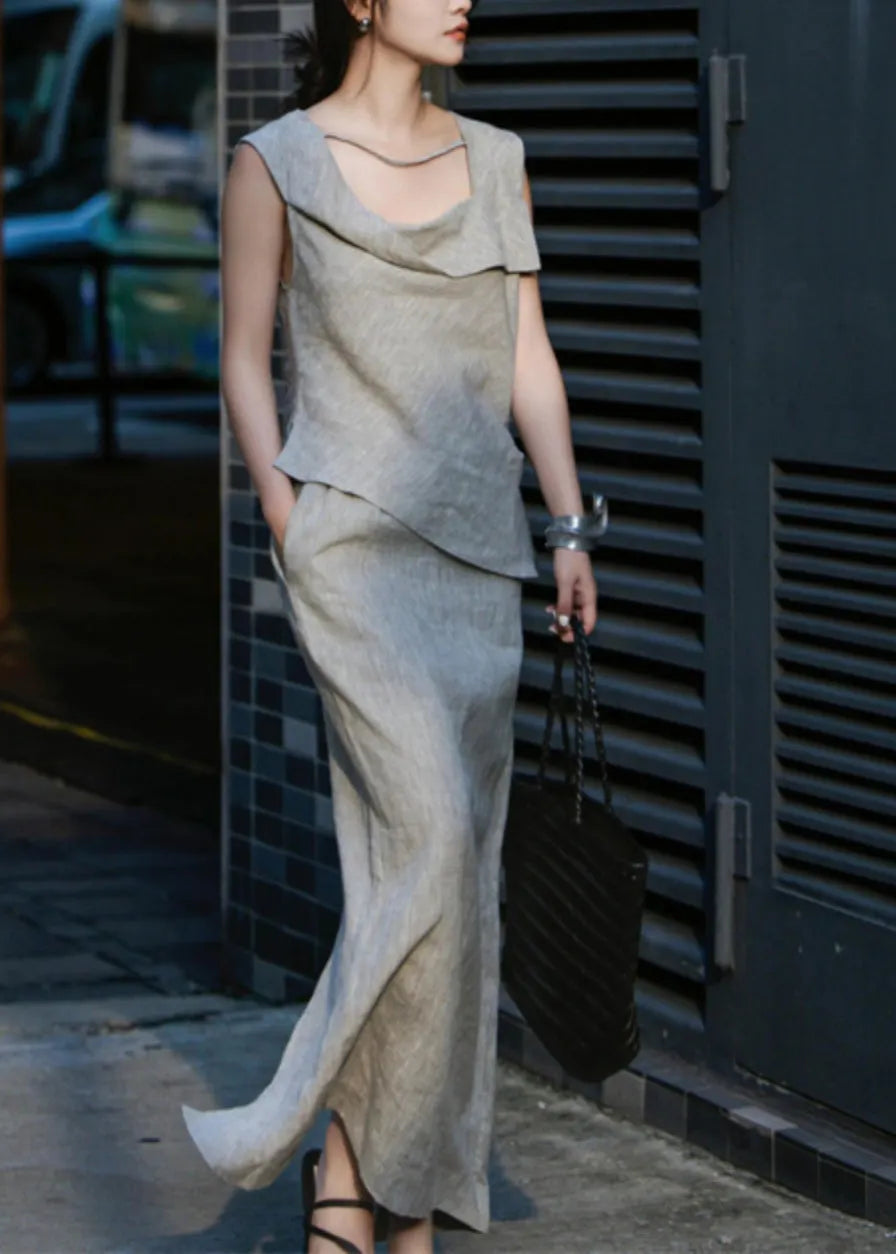 French Grey Tops and Skirts Linen Two Pieces Set Summer