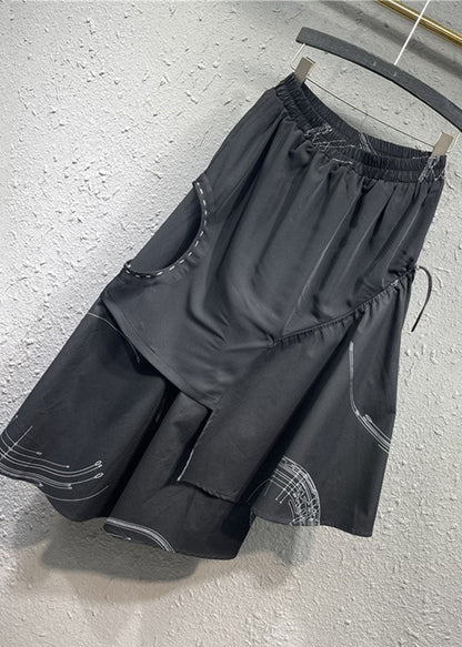 Loose Black Asymmetrical Patchwork Elastic Waist Maxi Skirt Spring