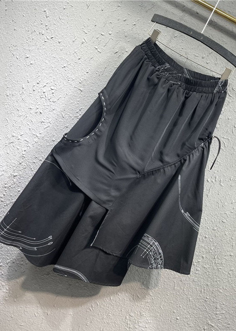 Loose Black Asymmetrical Patchwork Elastic Waist Maxi Skirt Spring