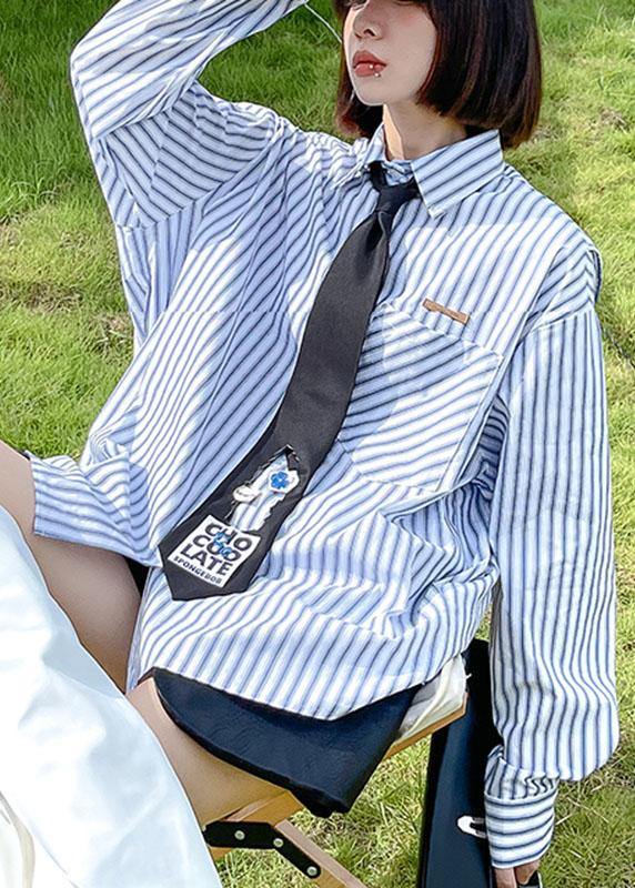 Boutique Blue Peter Pan Collar Button Pockets Fall Striped Shirt Top Long Sleeve