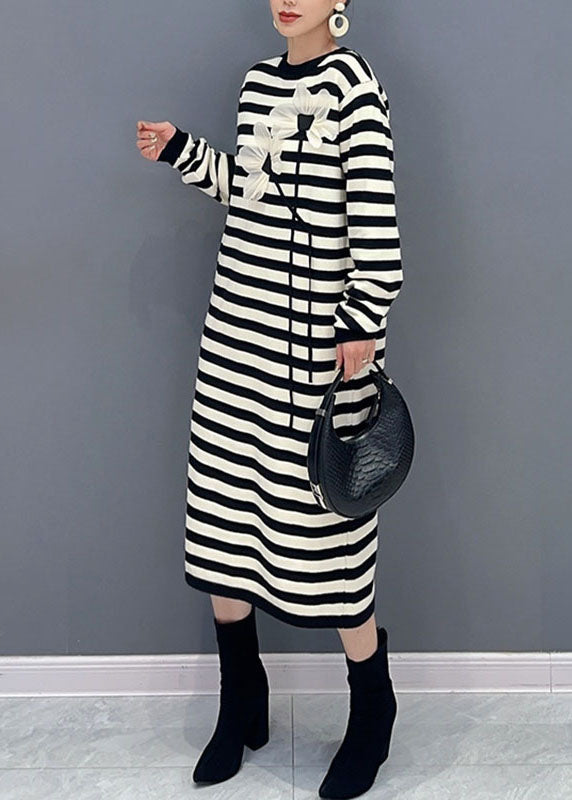 French Striped O-neck Side Open Holiday Long Dress Long Sleeve