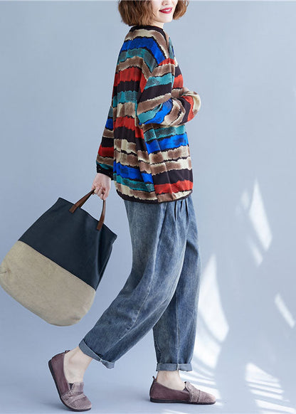 Simple Multicolour Striped O-neck Oversized Cotton Sweatshirts Tracksuits Spring
