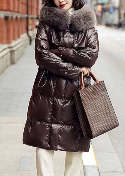 Coffee Fox Collar Drawstring Zippered Puffer Jacket Winter