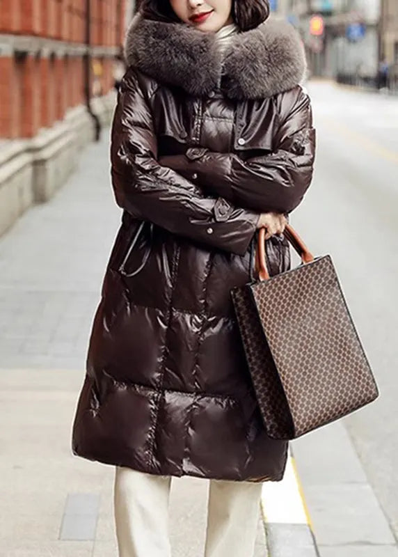 Coffee Fox Collar Drawstring Zippered Puffer Jacket Winter
