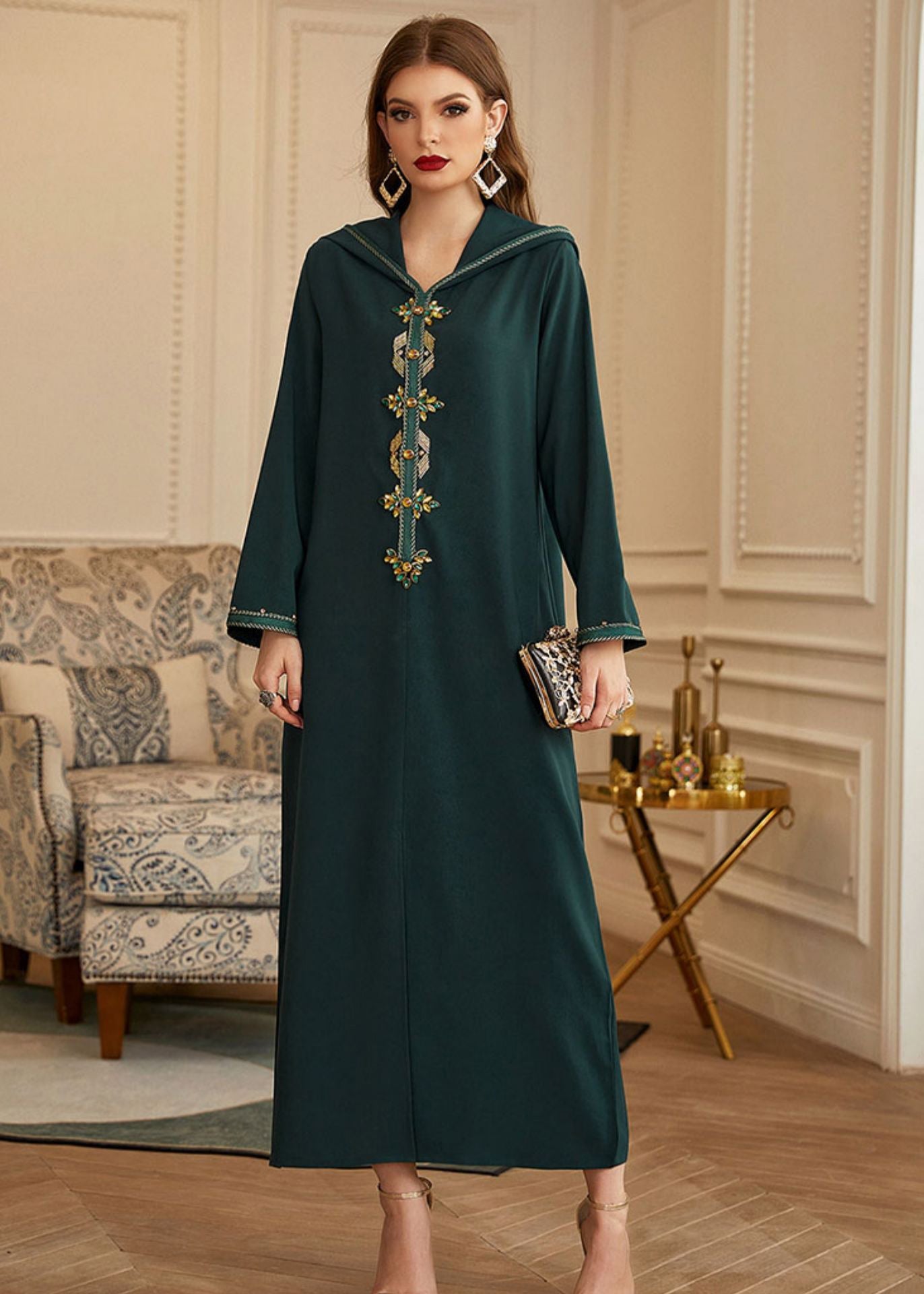 Green Patchwork Zircon Hooded Silk Long Dresses Long Sleeve