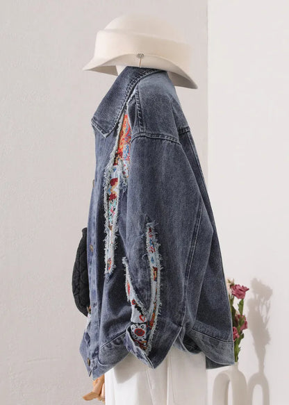 Blue Peter Pan Collar Patchwork Denim Coat Fall