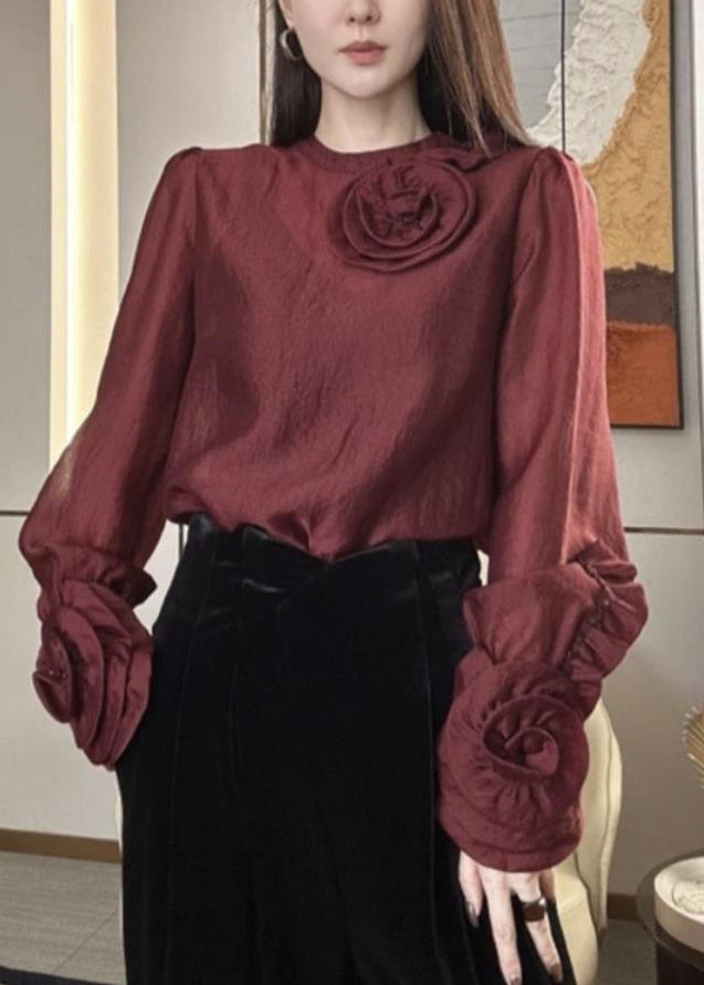 French Mulberry O-neck Silk Velour Top Spring
