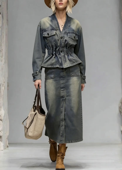 Boutique V Neck Wrinkled Denim Two Piece Set Clothing Spring