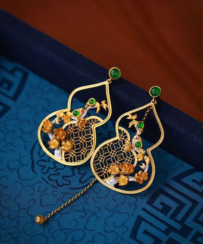 Gold Sterling Silver Overgild Jade Hollowed Out Drop Earrings