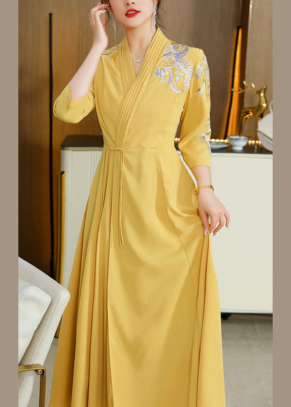 Yellow V Neck Embroideried Drawstring Satin Long Dresses Fall