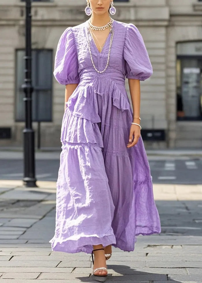 Purple Puff Sleeve Exra Large Hem Cotton Long Dresses Summer