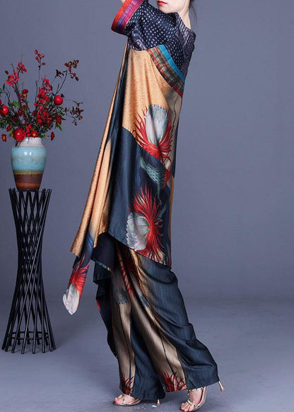 Italian Print Chiffon Asymmetrical Design Wide Leg Two Pieces Set