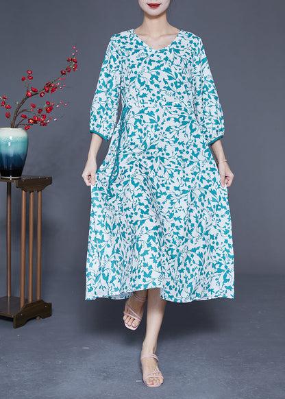Blue Print Tie Waist Pockets Silk Dress Bracelet Sleeve
