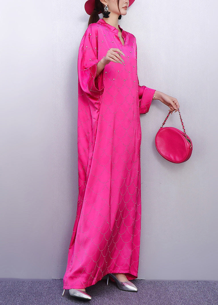 Rose Print Rhinestone Silk Vacation Dresses Batwing Sleeve
