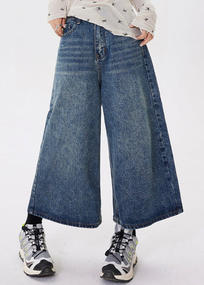 Blue Pockets Patchwork Denim Crop Pants