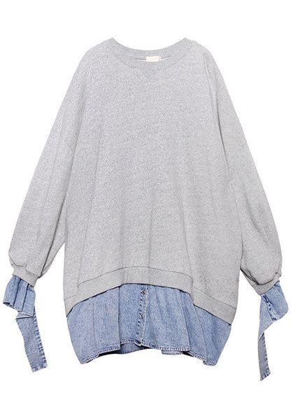 Grey Patchwork Denim Button Fall Sweatshirts Top