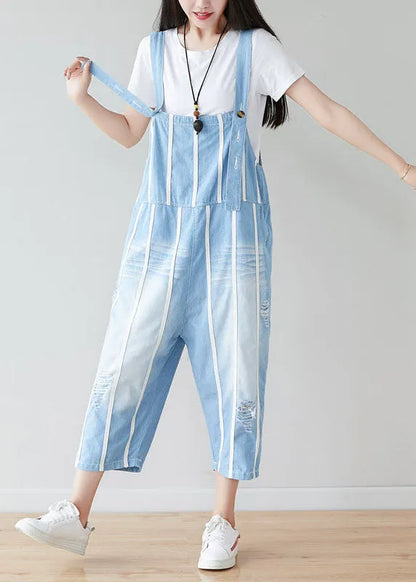 Handmade Light Blue Pockets Striped Jumpsuits Summer
