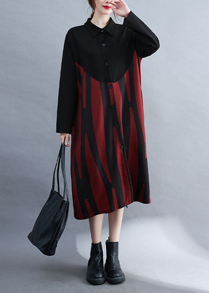 Fine Red Peterpan Collar Patchwork Button Fall Long Sleeve Dress
