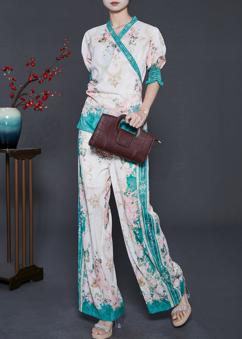 Apricot Print Lace Up Chiffon Two Pieces Set Puff Sleeve