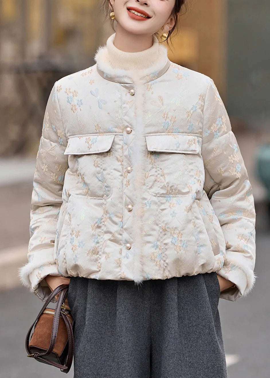 Beige Jacquard Duck Down Down Coat O Neck Pockets Winter