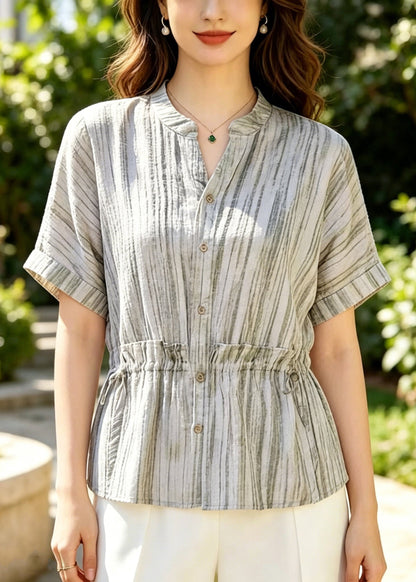 Beige Ruffled Striped Cotton Blouse Tops Summer