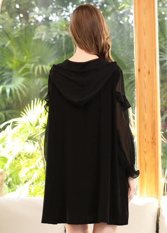Black Hooded Ruffles Bear Print Chiffon Sweatshirt Dress Spring