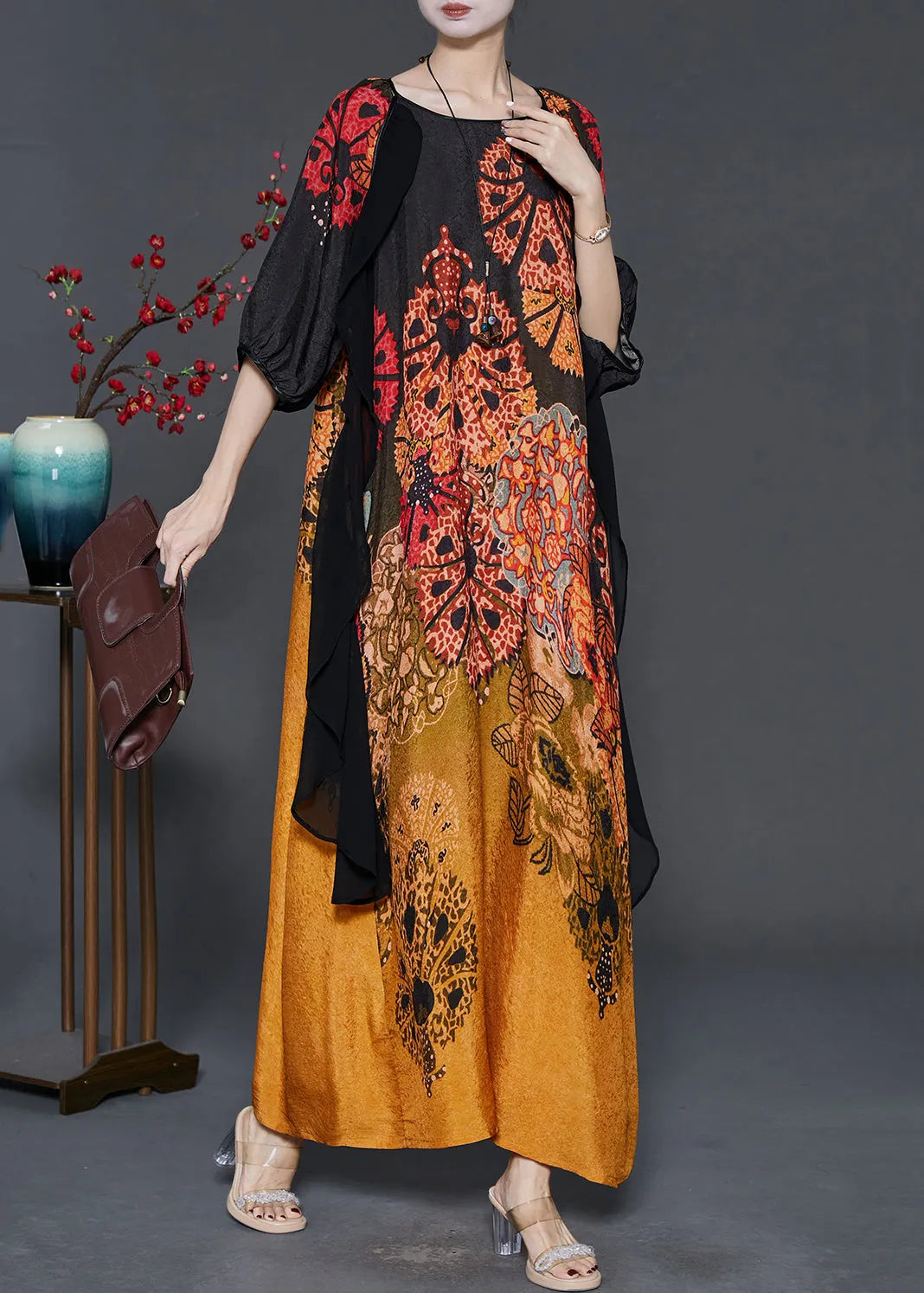 Gradient Color Print Patchwork Silk Long Dress Summer