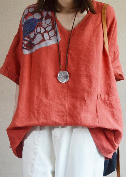 Red V Neck Loose Pockets Fall Shirt Tops Half Sleeve