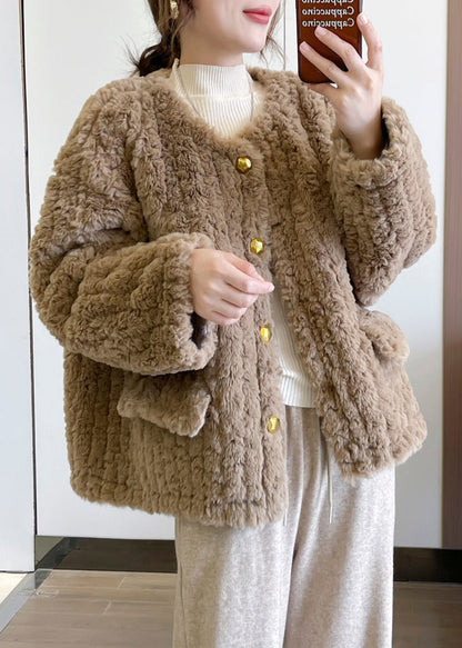 Khaki Thick Faux Fur Teddy Coat Winter