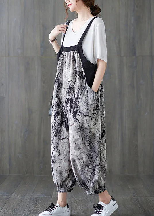 Art Ink Printing Pocket Patchwork Lantern Pant Strap Jumpsuit Spring