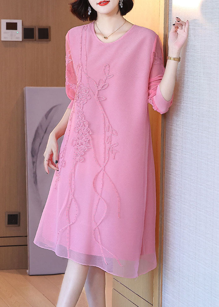 Vogue Green O-neck Embroideried Holiday Tulle Mid Dress Fall
