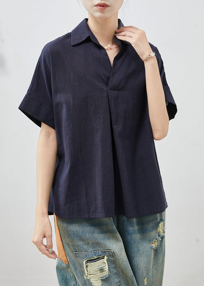 Navy Peter Pan Collar Wrinkled Cotton Blouses Summer