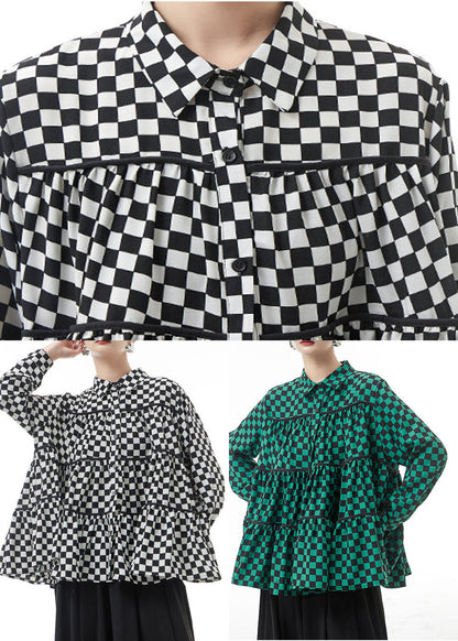 Green Plaid Chiffon Shirt Tops Patchwork Wrinkled Spring