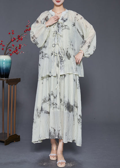 Light Green Tie Dye Lace Up Silk Two Pieces Set Fall