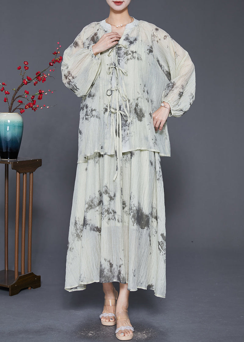 Light Green Tie Dye Lace Up Silk Two Pieces Set Fall
