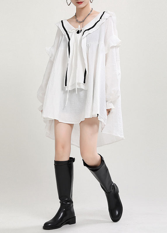 Italian White V Neck Loose Patchwork Fall Long Sleeve Dress