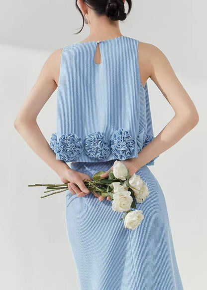 Loose Blue Striped Tank and Skirts Two Piece Set Sleeveless