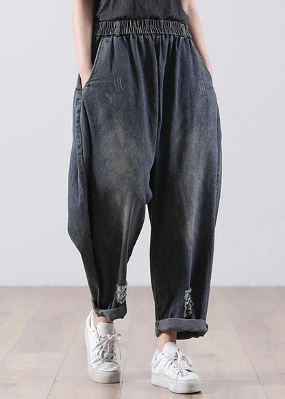 Denim Blue Elastic Waist Pockets Cotton Harem Pants Fall
