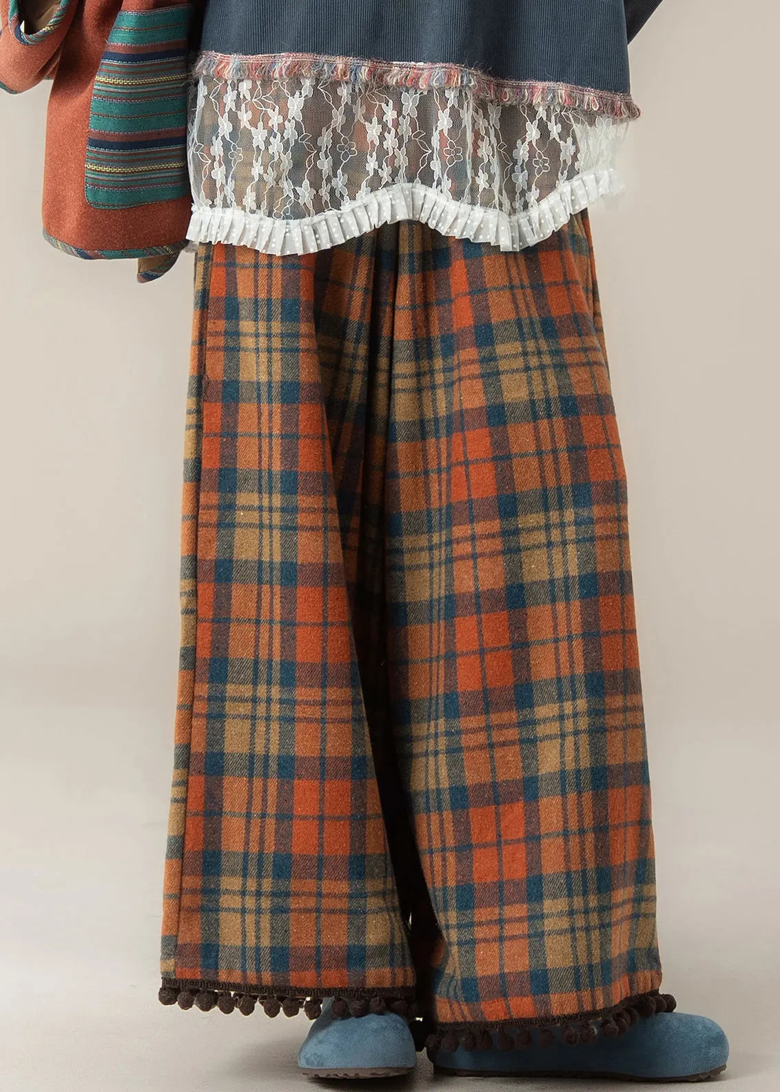 Novelty Red Plaid Pockets Tassel Wide Leg Pants Spring