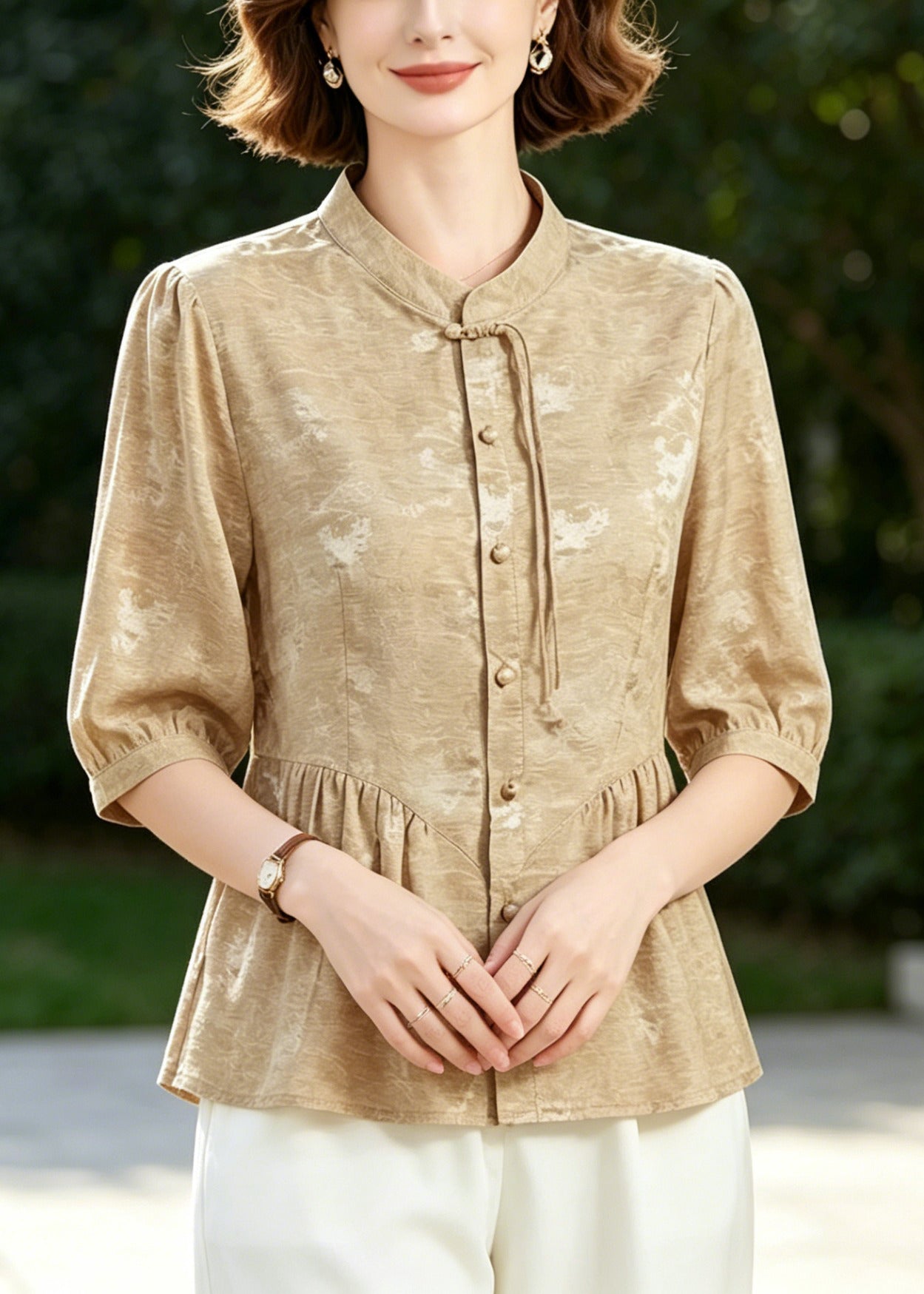 Khaki Tasseled Wrinkled Silk Blouse Tops Half Sleeve